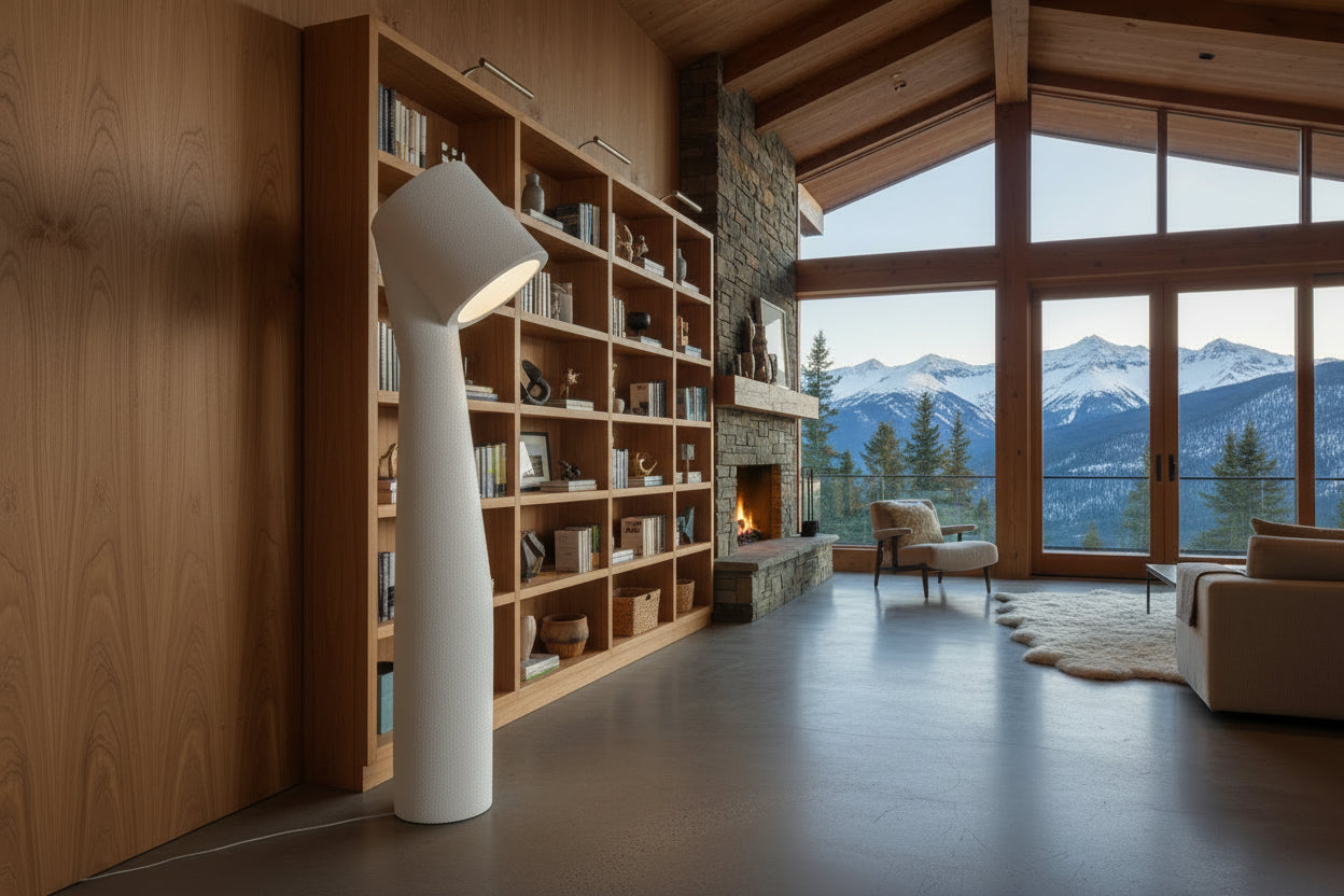 White floor lamp against a wooden wall with a window and white curtain.